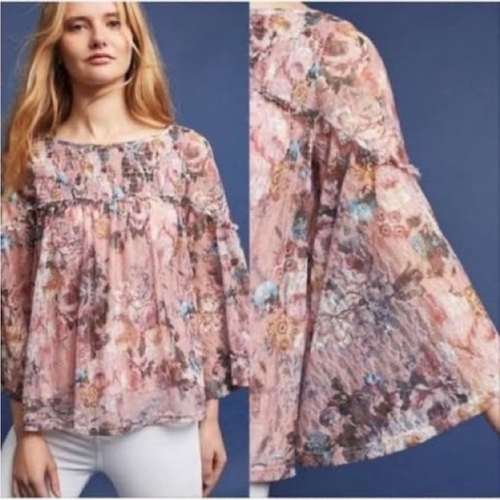 Anthropologie Peasant babydoll flowy fairy bell sleeve Multicolor floral blouse